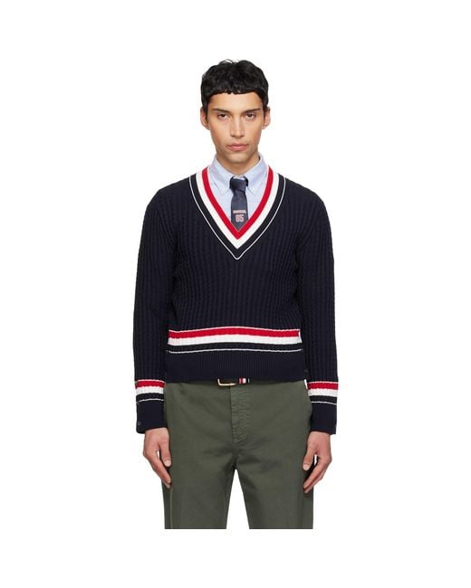 Thom Browne Blue Cable V Neck Sweater for men