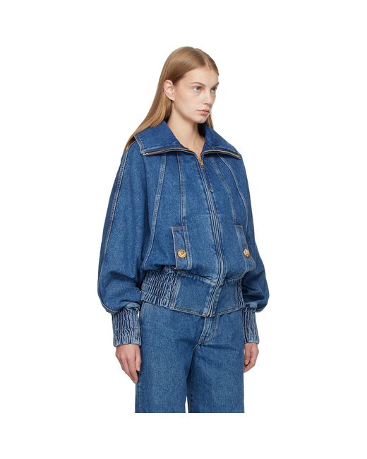Balmain Blue Zipped Denim Bomber Jacket