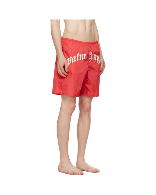 Palm Angels Red Curved Logo Swim Shorts for men