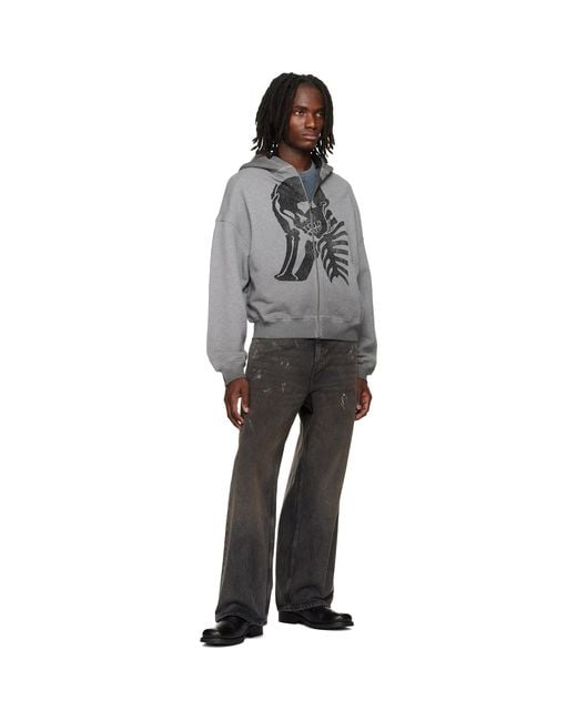 Palm Angels Gray Skull Zipped Loose Hoodie for men