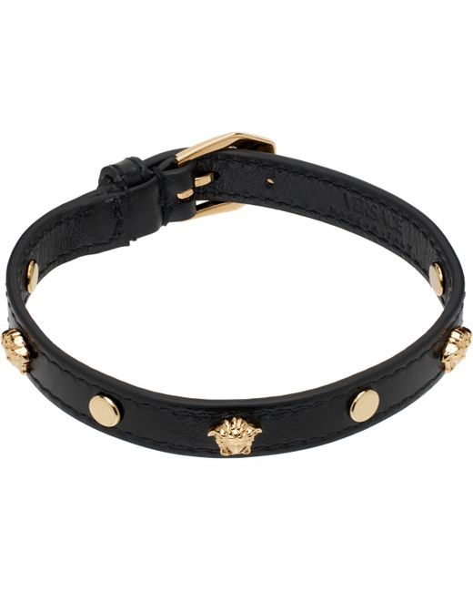 メンズ Versace ブラック メドゥーサ レザーブレスレット Black