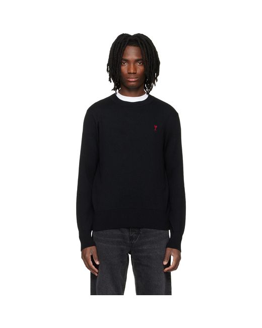 AMI Black Wool Contrasted Ami De Coeur Crewneck Sweater for men