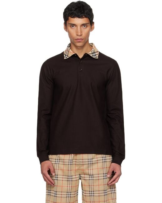 Burberry Black Long Sleeve Check Collar Cotton Polo for men