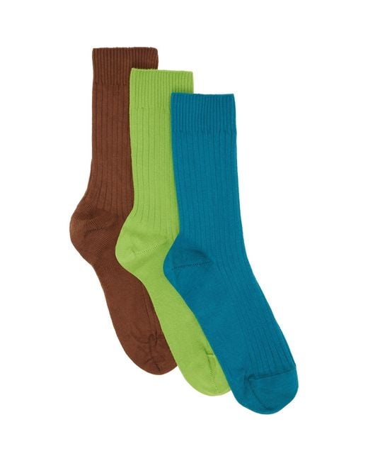 Baserange Blue Three-Pack Cotton Rib Overankle Socks