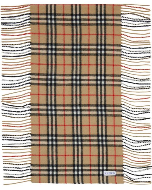 Burberry Multicolor Beige Check Cashmere Fringed Scarf