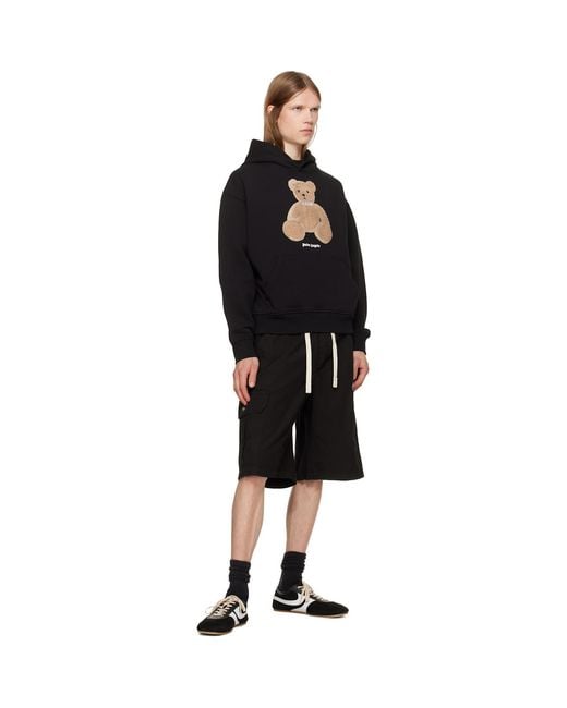 Palm Angels Black Curved Logo Loose Cargo Shorts for men