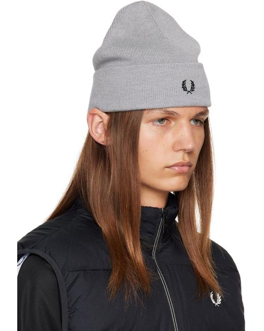 Fred Perry Blue Gray Embroidered Beanie for men