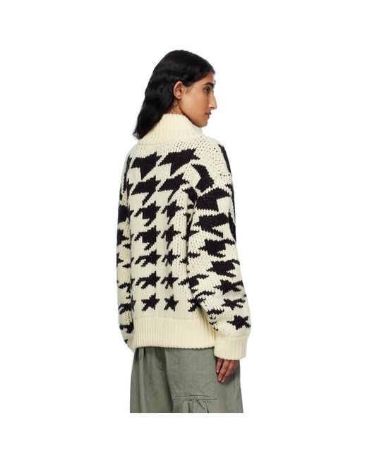 OPEN YY White Off- & Hound's Tooth Star Cowichan Cardigan
