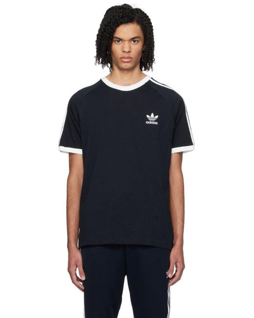 メンズ Adidas Originals ネイビー スリーストライプス Tシャツ Black