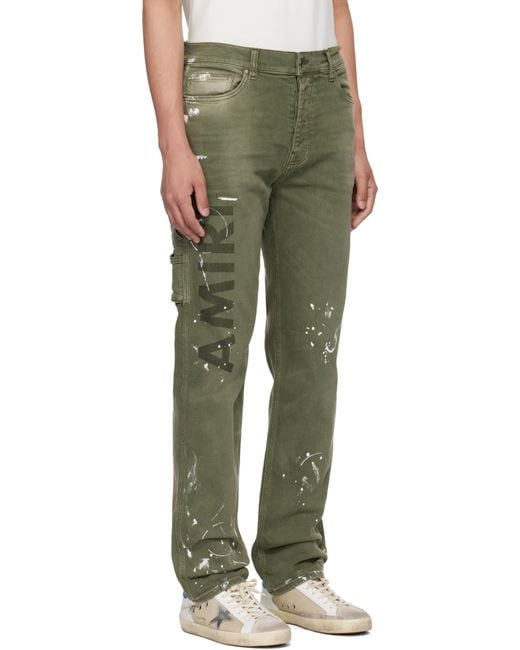 Amiri Green Khaki Army Logo Painted Slim Workman Jeans for men
