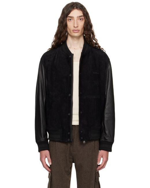 Blouson Aviateur Noir En Cuir À Logo Gaufré HUGO pour homme en coloris Black