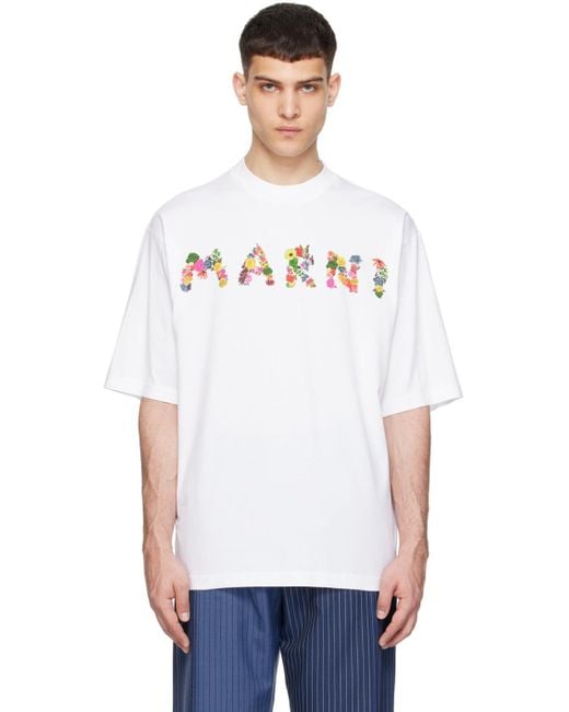 メンズ Marni ホワイト ロゴプリント Tシャツ White