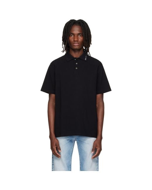 Versace Black Piquet Crystal Embroidered Knitted Collar Polo for men