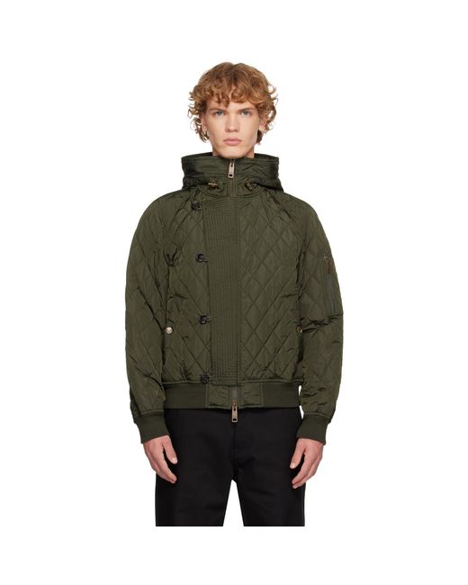 Burberry Green Khaki Hooded Quilted Nylon Bomber Jacket for men