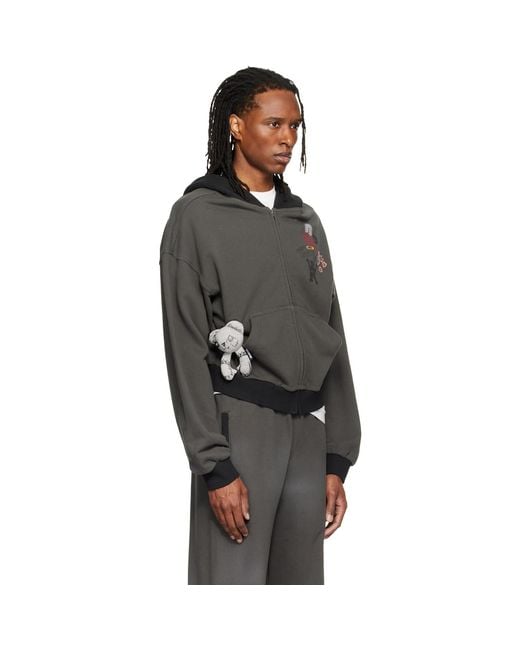 we11done Gray Washed Doodle Teddy Zip-Up Hoodie for men