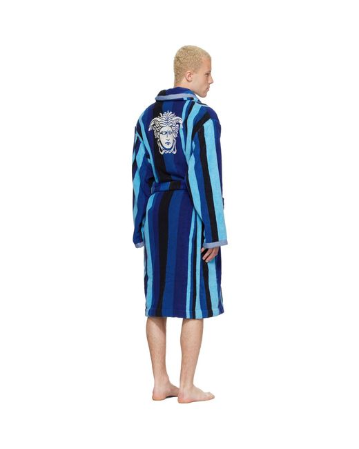 Versace Blue Striped Cotton-terry Jacquard Bathrobe for men