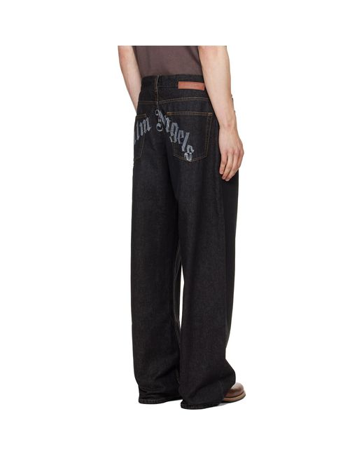 Palm Angels Black Curved Logo Loose Jeans for men