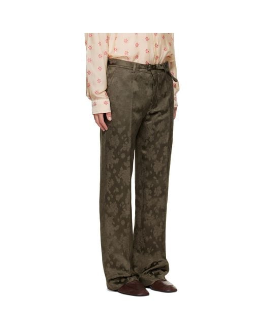 Dries Van Noten Green Khaki Belted Floral Jacquard Trousers for men