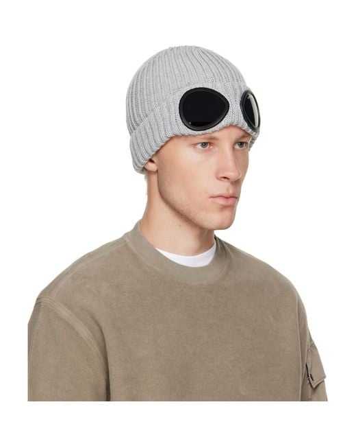 C P Company Gray Extrafine Merino Wool Goggle Beanie for men