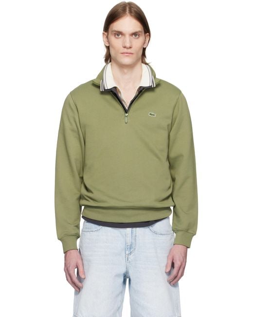 Lacoste Green Khaki High-Neck Zip-Up Fleece Sweatshirt for men