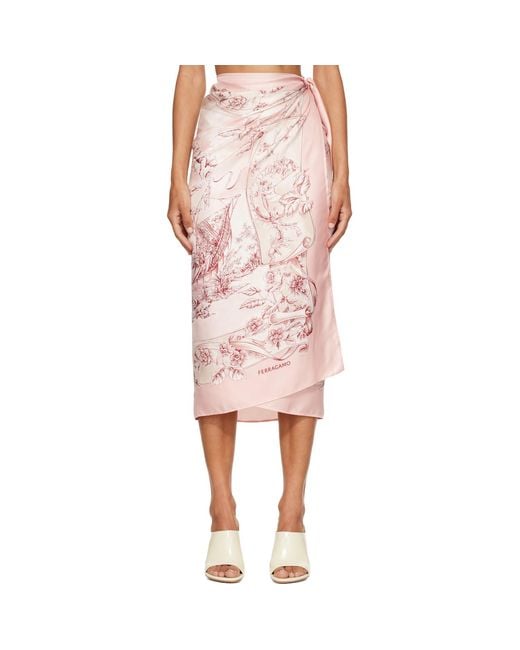 Ferragamo Pink Voyage Print Silk Midi Skirt