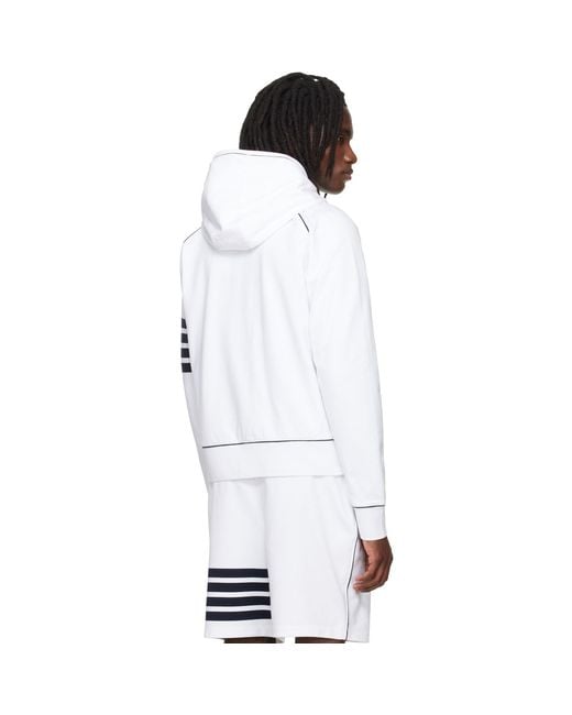 Thom Browne White Loopback 4-Bar Zip Up Hoodie for men
