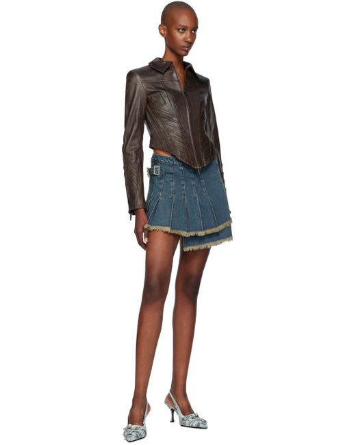 Blouson Brun En Cuir À Coutures De Style Corset Feng Chen Wang en coloris Black