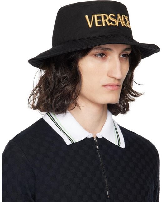 メンズ Versace ロゴ刺繍 バケットハット Black