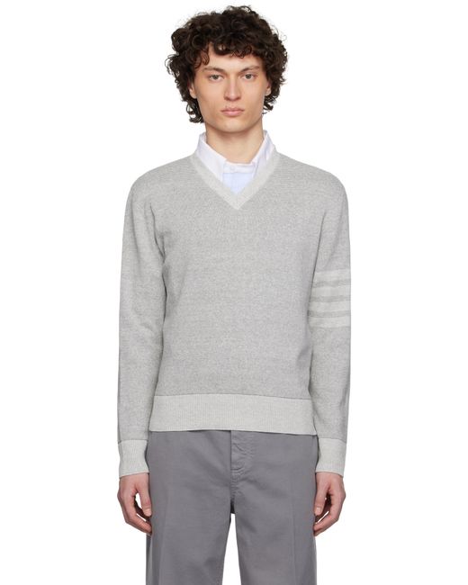 Pull Texturé Gris En Lin Et Coton À Rayures Et À Col En V Thom Browne pour homme en coloris Black