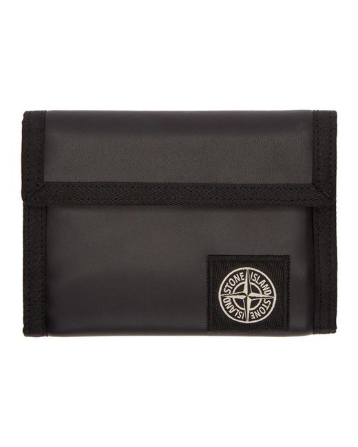Stone Island Black Leather Logo Velcro Wallet for men
