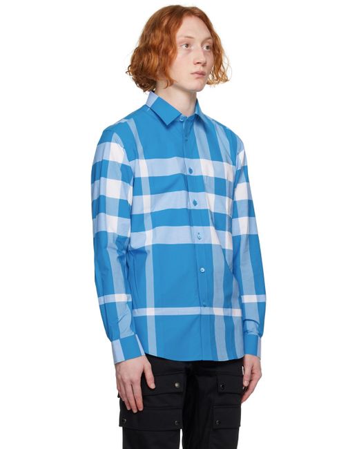 Burberry Blue Check Stretch Cotton Poplin Shirt for men