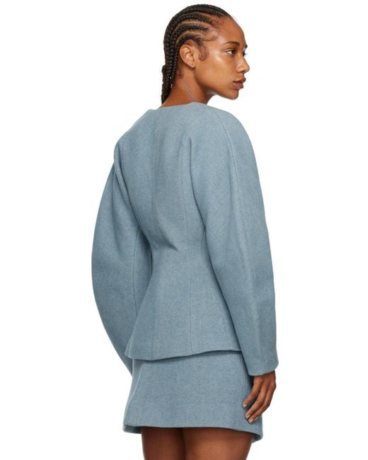 Ganni Blue Long Sleeve Twill Wool Suiting Blazer