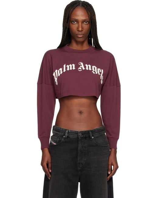 Palm Angels Red Burgundy Curved Logo Crop T-Shirt