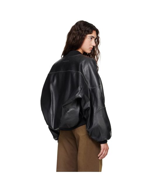 MM6 by Maison Margiela Black Rib-Knit Trim Faux-Leather Bomber Jacket