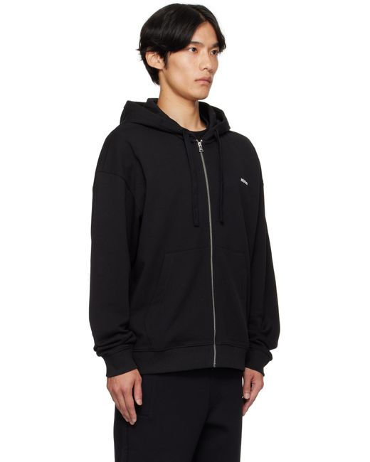 HUGO Black Relaxed-Fit Cotton Terry Zip-Up Hoodie for men