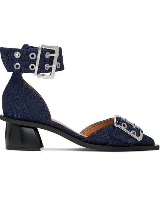 Ganni Blue Feminine Buckle Open Cut Pumps