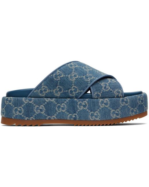 Sandales bleues en denim à motif gg Gucci en coloris Blue