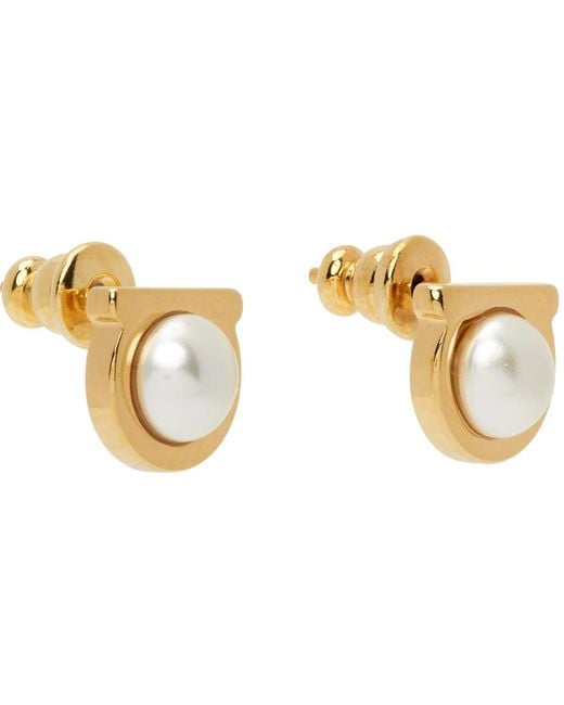 Ferragamo Black Gold Gancini Pearl Earrings
