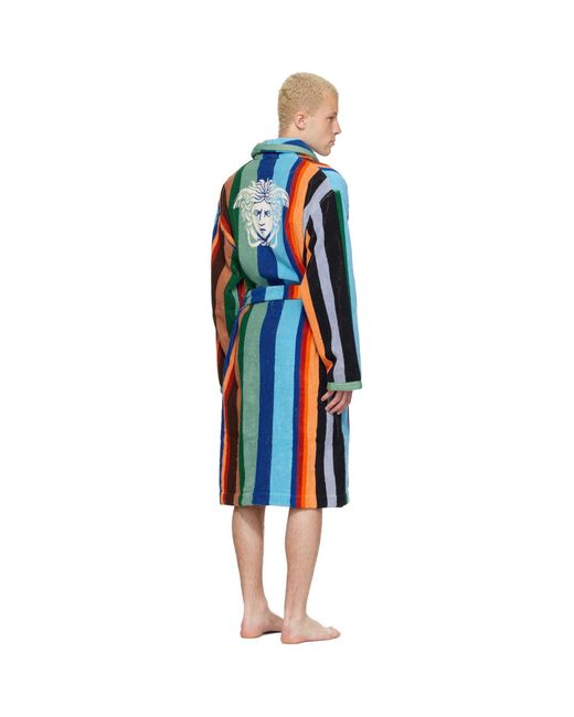 Versace Red Striped Cotton-terry Jacquard Bathrobe for men
