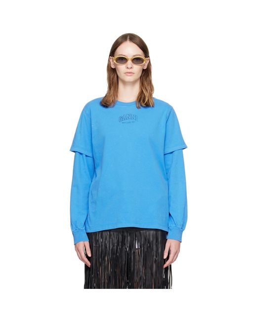 Ganni Blue Future Heavy Jersey Double Sleeve T-Shirt