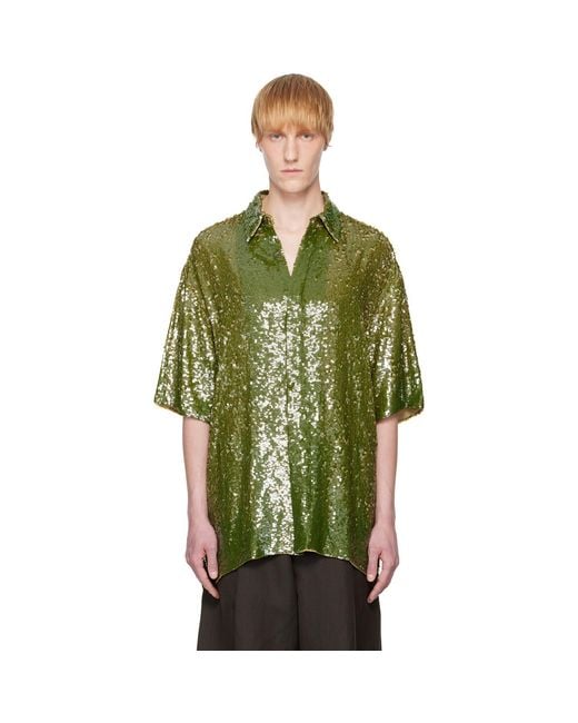 Dries Van Noten Green Khaki Sequin Shirt for men