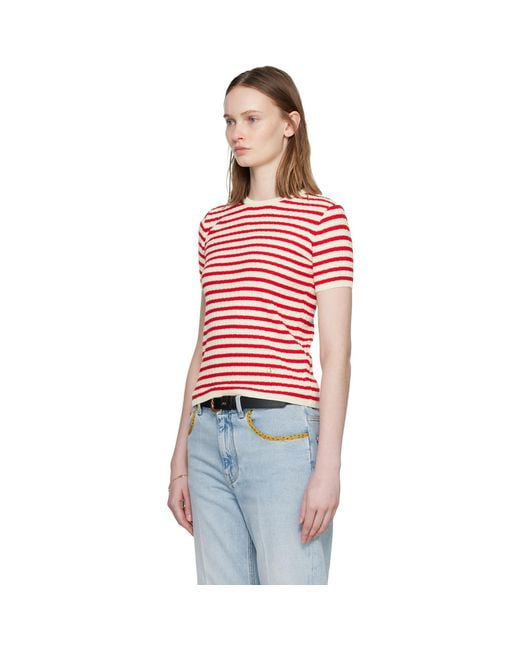 Valentino Red Knit Stripe Short Sleeve Sweater