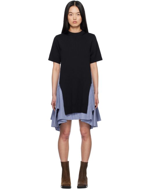 Sacai ネイビー＆ブルー Cotton Poplin & Knit ミニワンピース Black