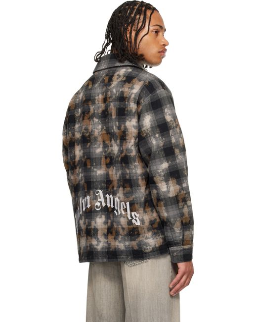 メンズ Palm Angels グレー＆ブラウン Curved Logo チェック オーバーシャツ Black