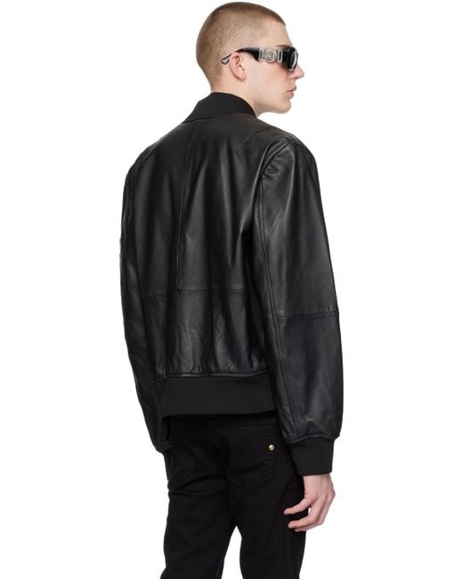 Versace Black V-emblem Leather Bomber Jacket for men