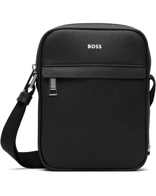 BOSS メンズ ブラック レザー ロゴスタンプ ポーチ
