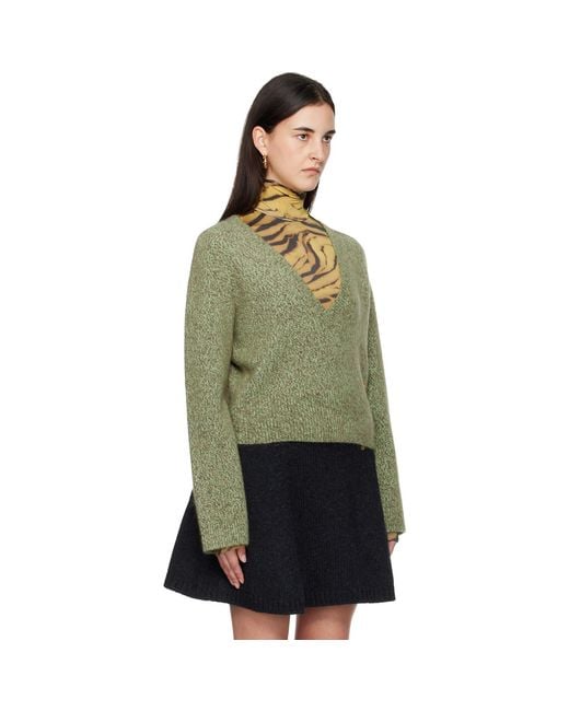 Ganni Green Brushed Mohair Mix Deep V-Neck Sweater
