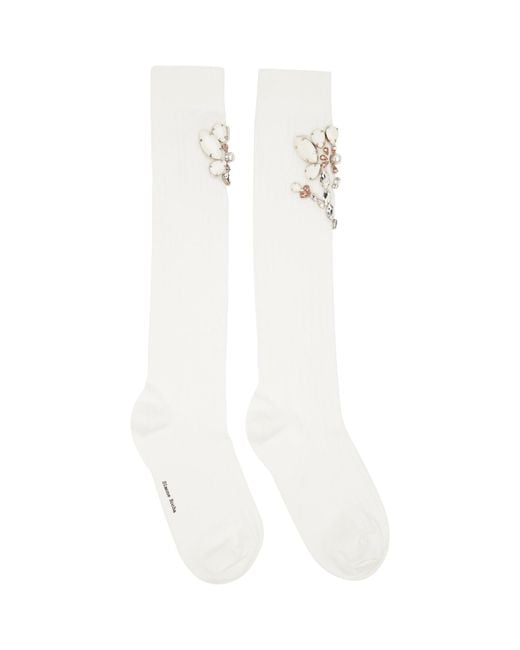 Simone Rocha White Poppy Crystal Flower Ribbed Knee Socks
