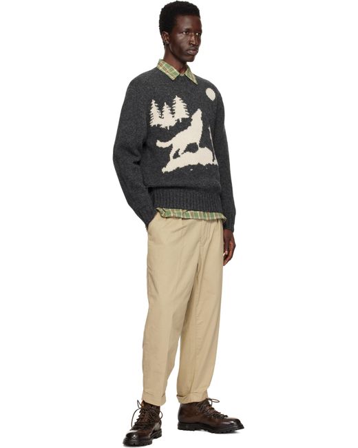 Beams Plus Black Crew Intarsia 3G Sweater for men