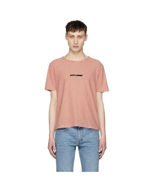 Saint Laurent White And Red Striped Logo T-shirt for men